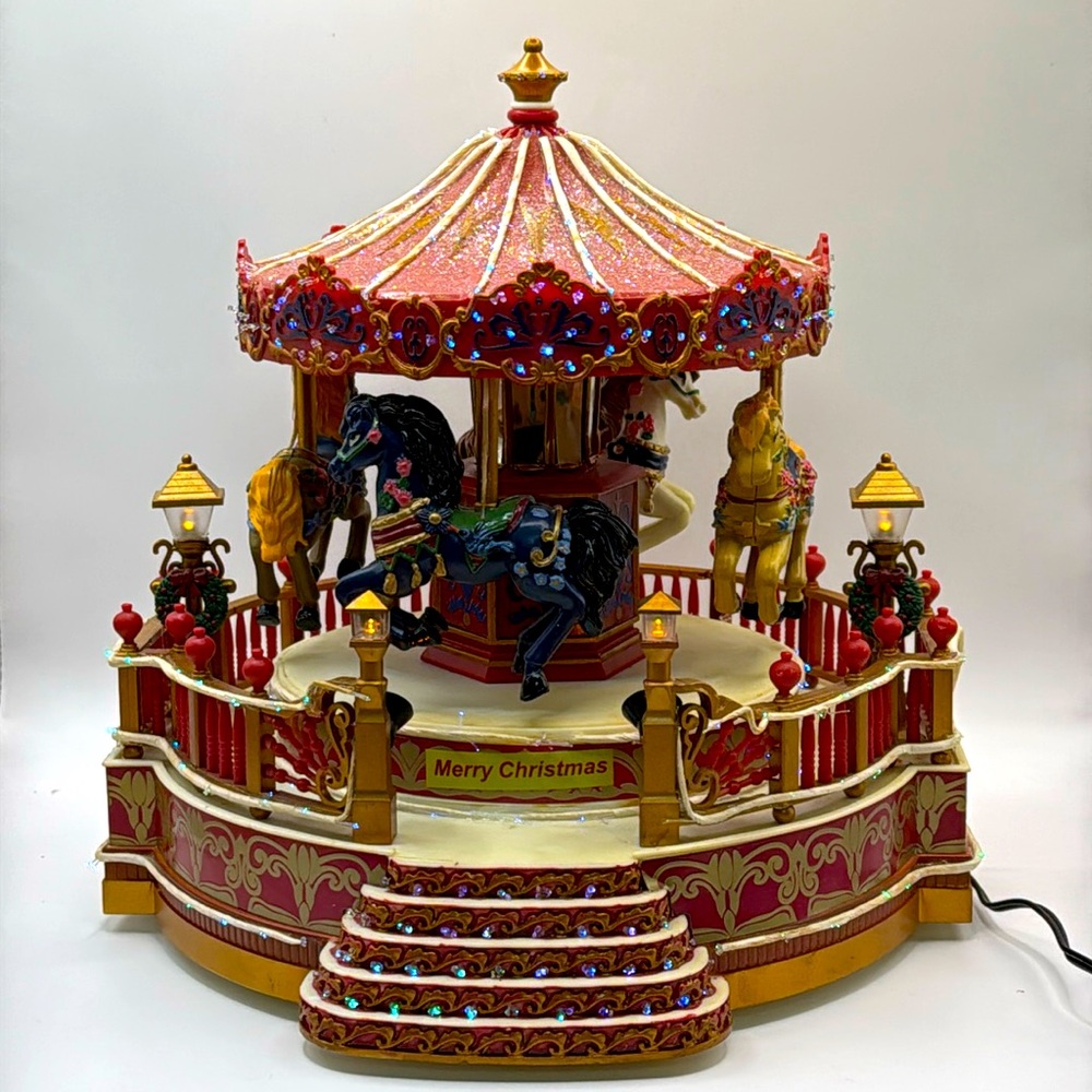 Vintage Musical Christmas Carousel Merry-Go-Round Animated Lights Plays Carols